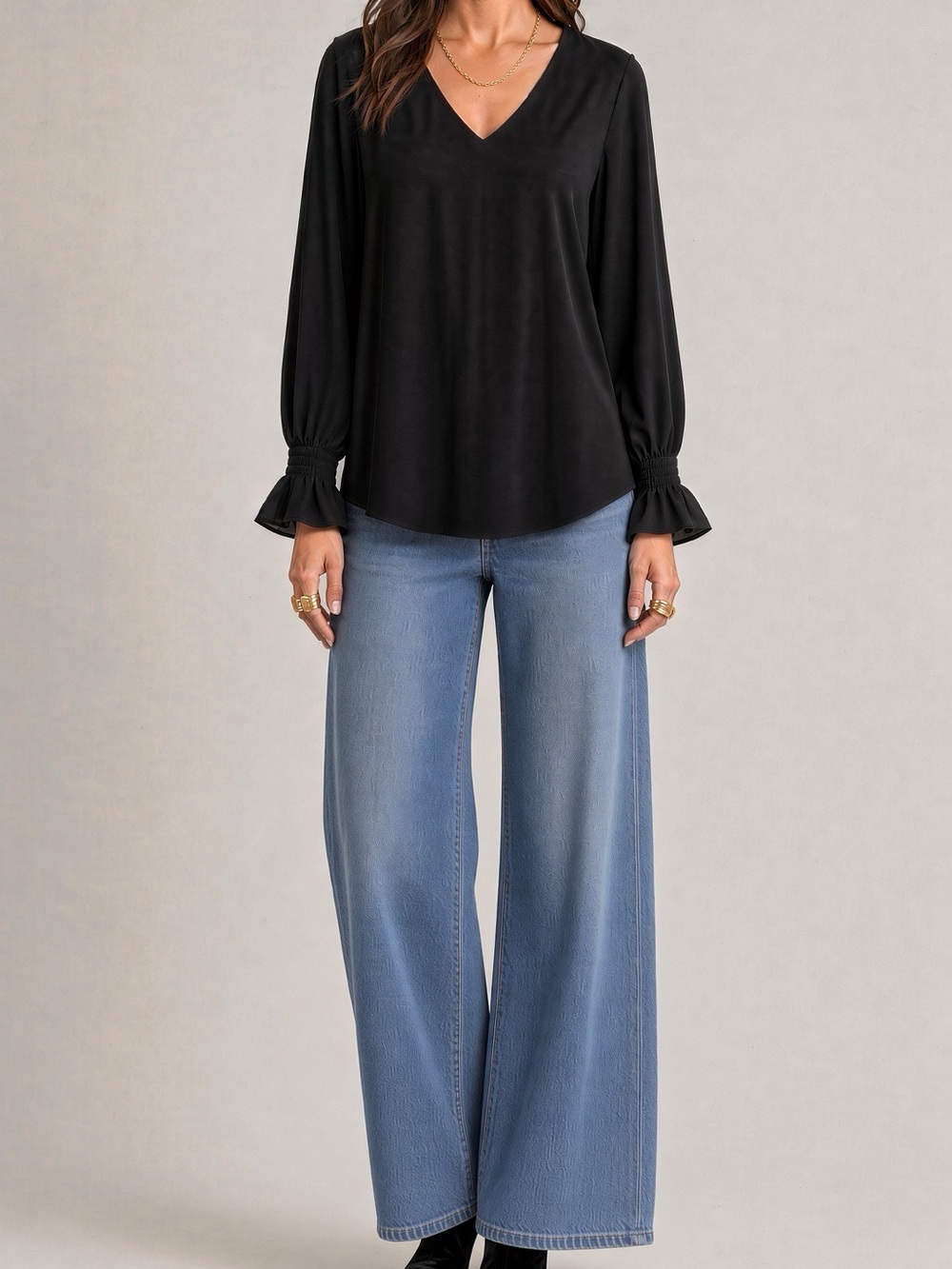 Vince Camuto Black Blouse with Smocked Cuffs